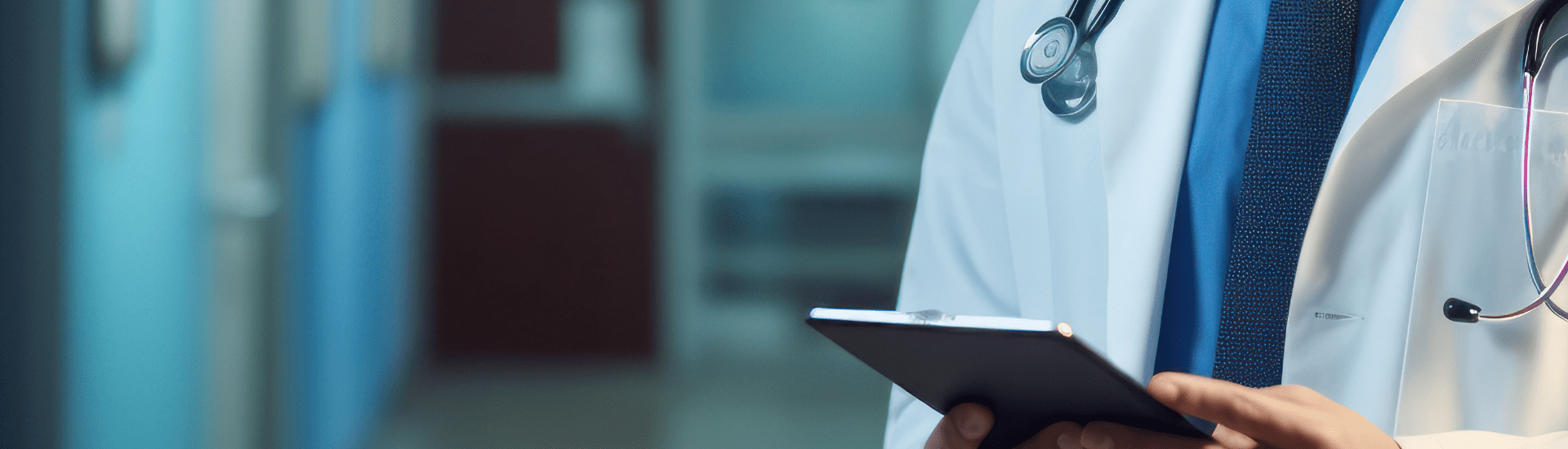 Close-up of a doctor in a white coat holding a clipboard and wearing a stethoscope, standing in a hospital corridor.